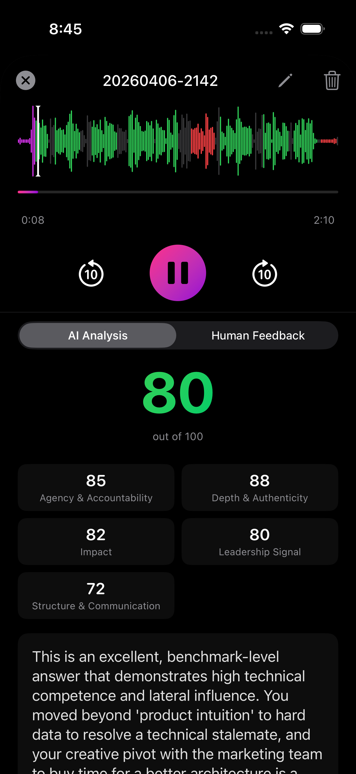 Interview practice AI score and sub-scores
