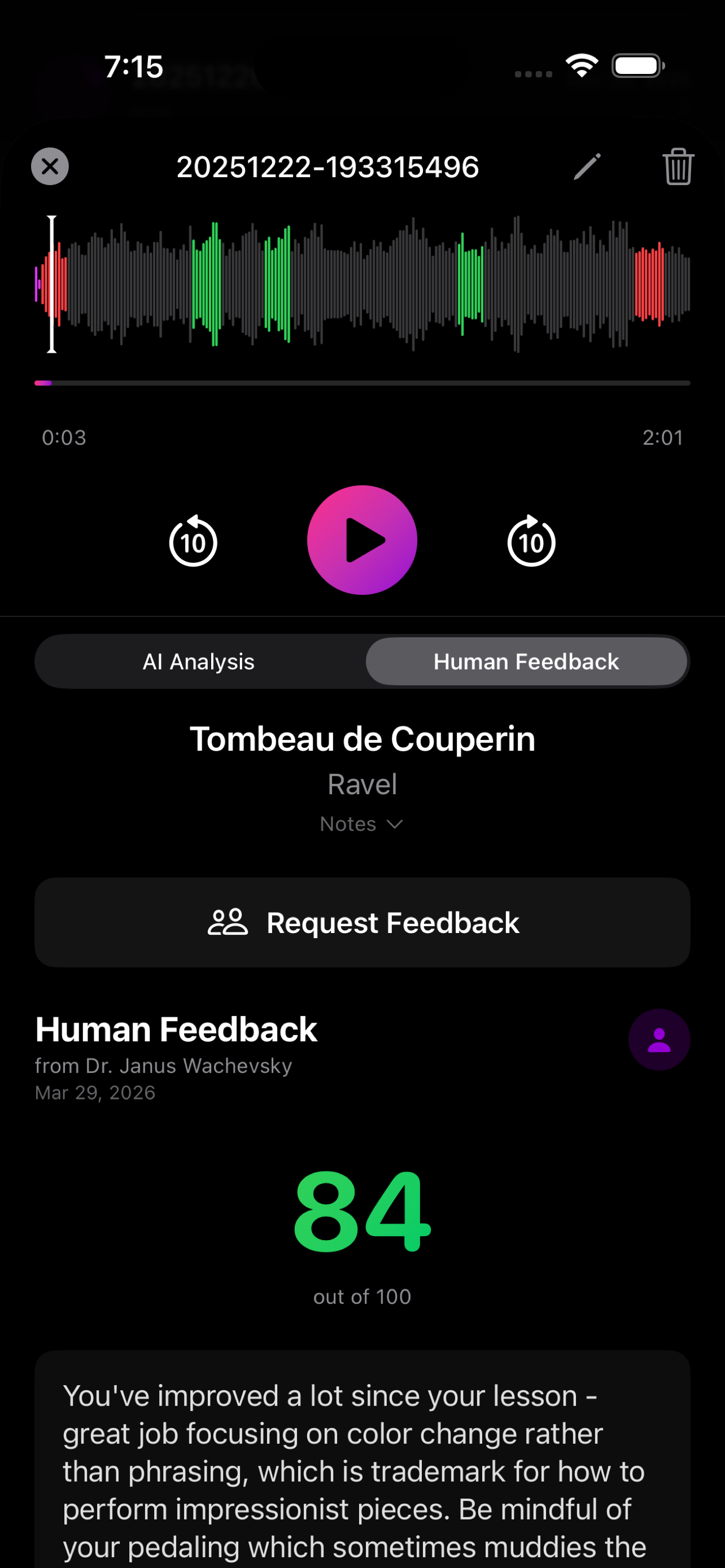 Human coach feedback on music recording